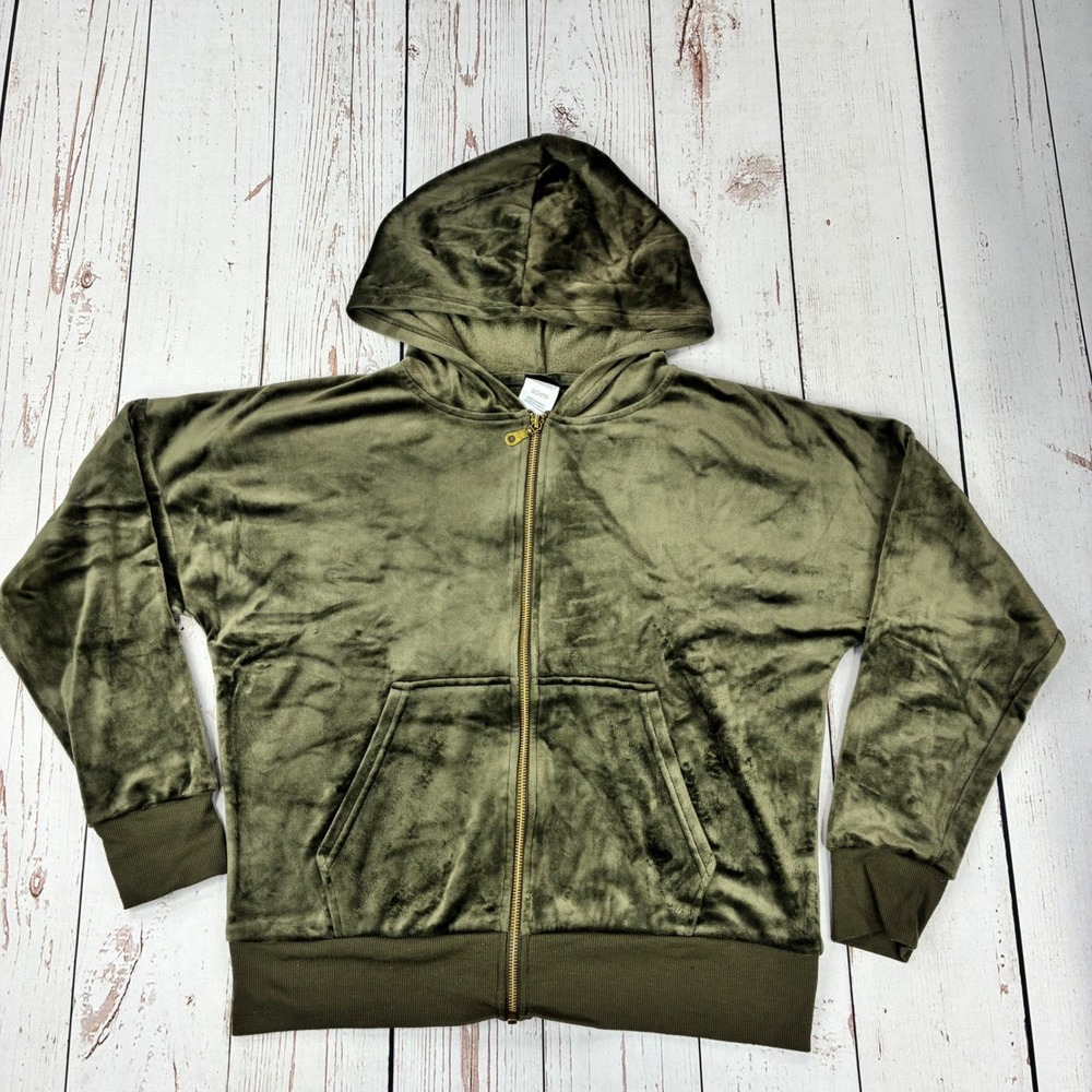 Felina Womens Olive Green Velour Zip Up Hoodie Sweatshirt C7589 Size Small